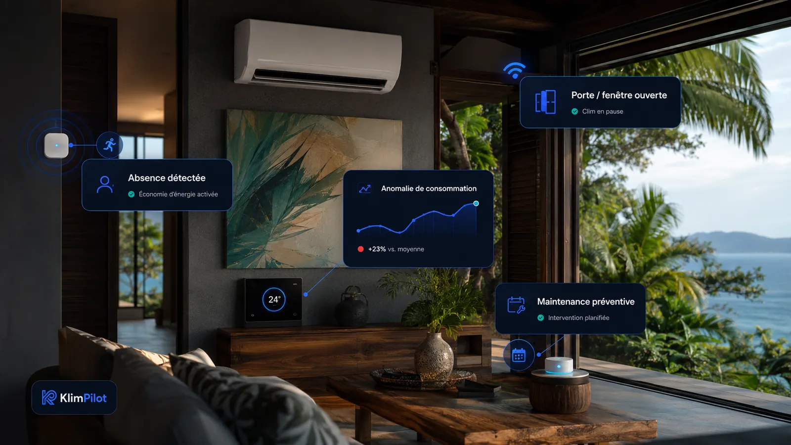 Scénarios intelligents KlimPilot dans une villa tropicale