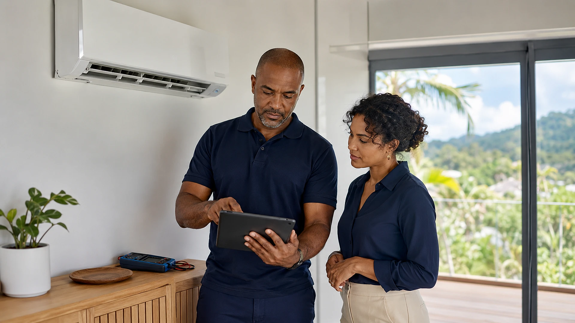 Technicien SMARTHOME KARAÏBES installant un module de supervision sur un climatiseur